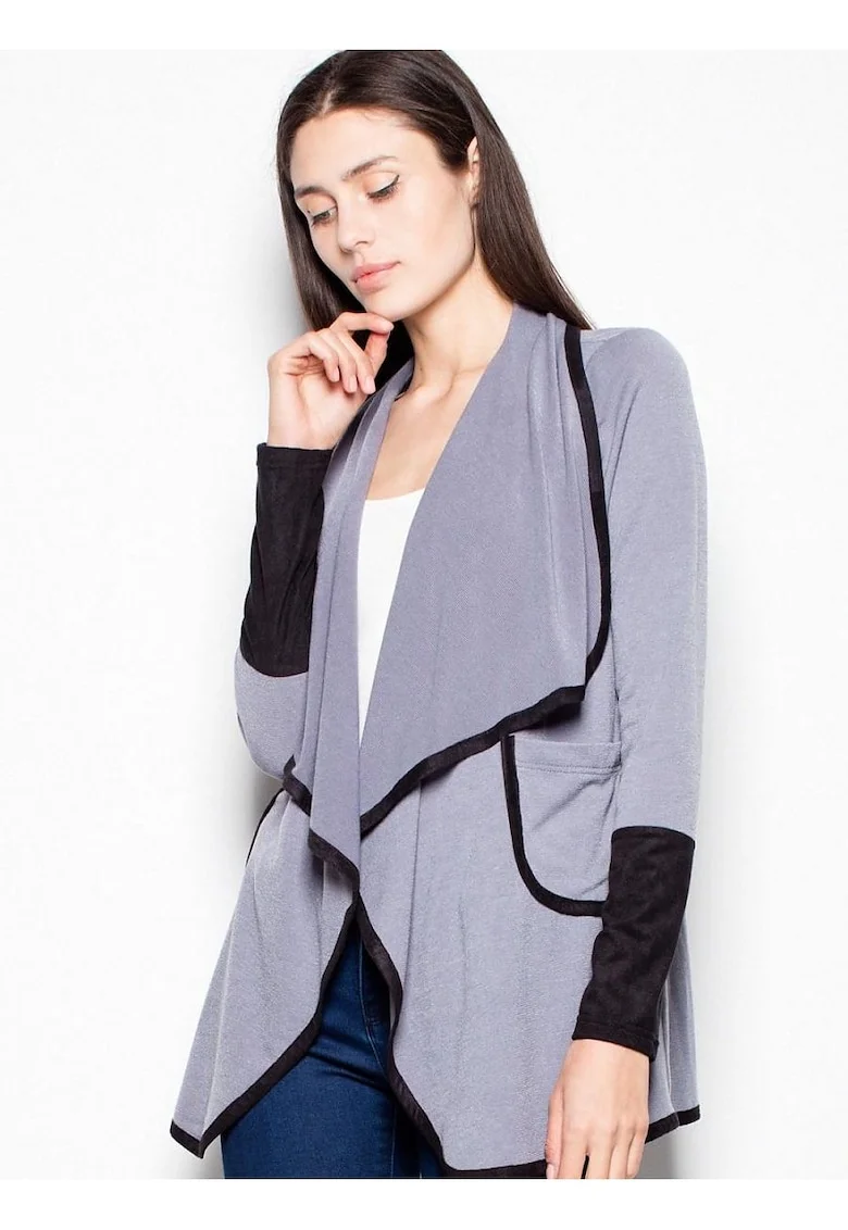 Cardigan dama,  elegant, gri, cu guler captusit, poliester