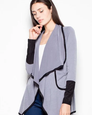 Cardigan dama,  elegant, gri, cu guler captusit, poliester