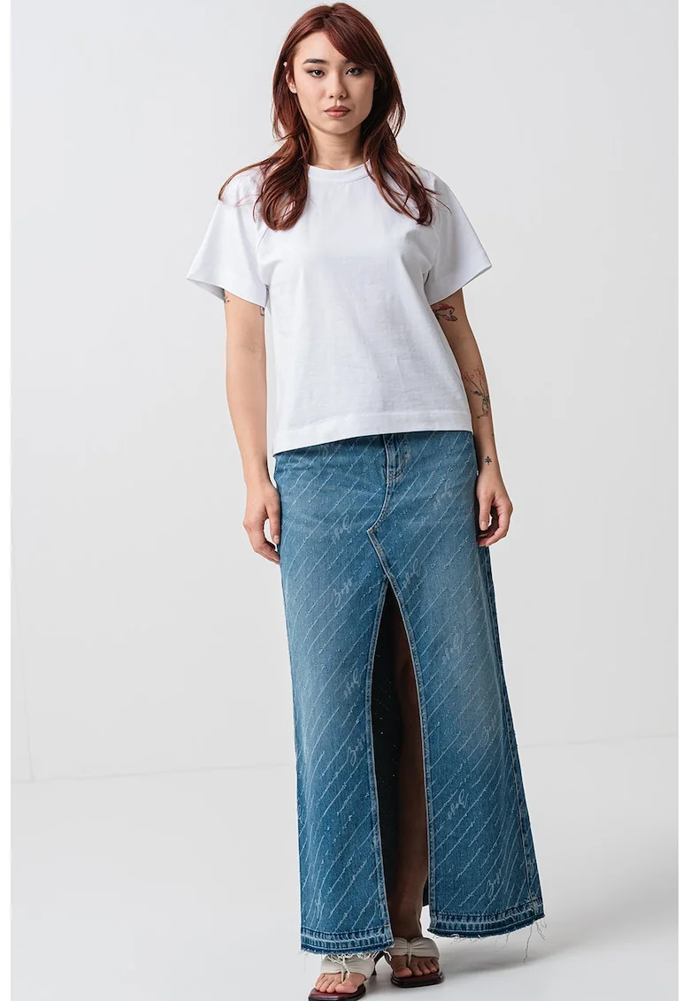 Fusta din denim cu croiala dreapta si slit frontal, Albastru deschis