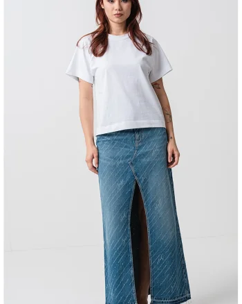 Fusta din denim cu croiala dreapta si slit frontal, Albastru deschis