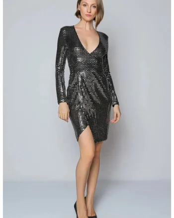 Rochie stralucitoare cu decolteu adanc in V, Negru