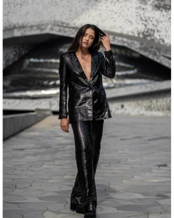 Pantaloni evazati cu paiete Leo, Negru
