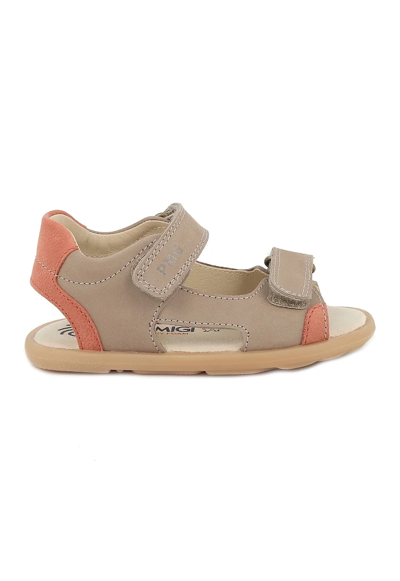 Sandale din piele intoarsa cu inchidere velcro, Maro nisip/Rosu stins
