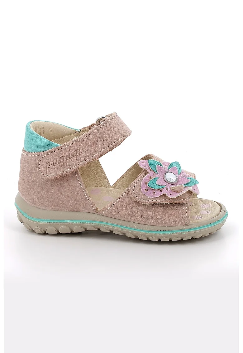 Sandale din piele intoarsa cu inchidere velcro si aplicatie cu model floral