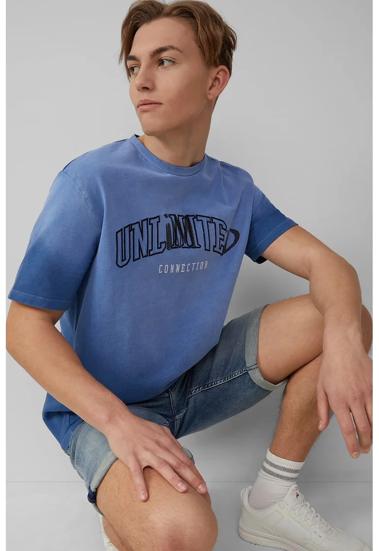 Tricou de bumbac cu imprimeu text, Albastru indigo