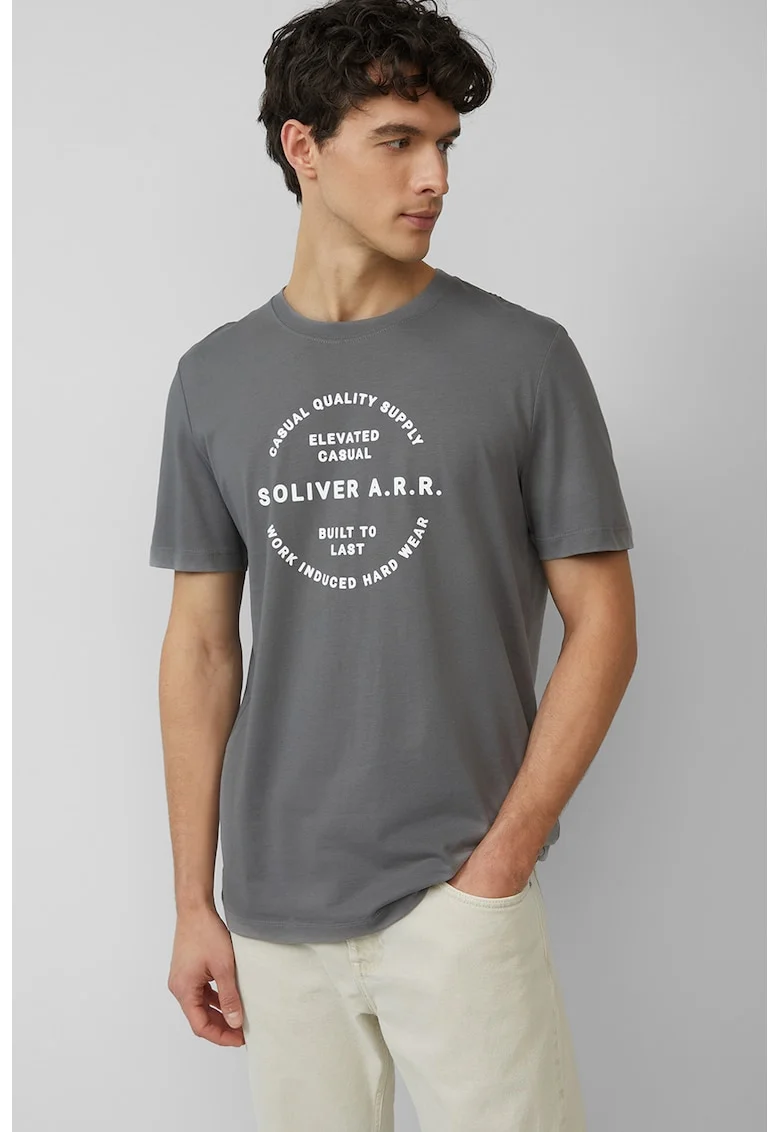 Tricou cu decolteu la baza gatului si imprimeu text, Alb/Gri inchis