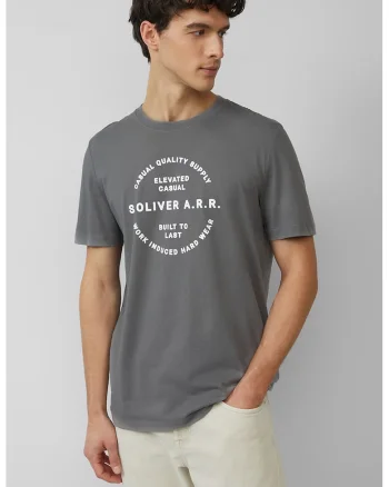 Tricou cu decolteu la baza gatului si imprimeu text, Alb/Gri inchis