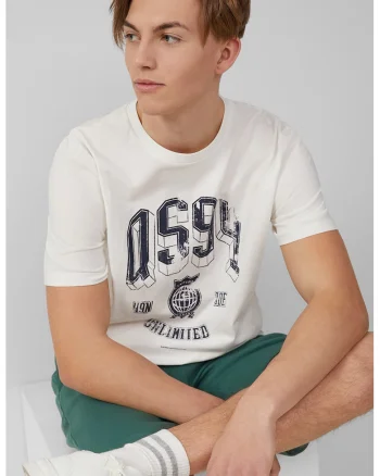 Tricou regular fit cu imprimeu text, Alb murdar/Bleumarin