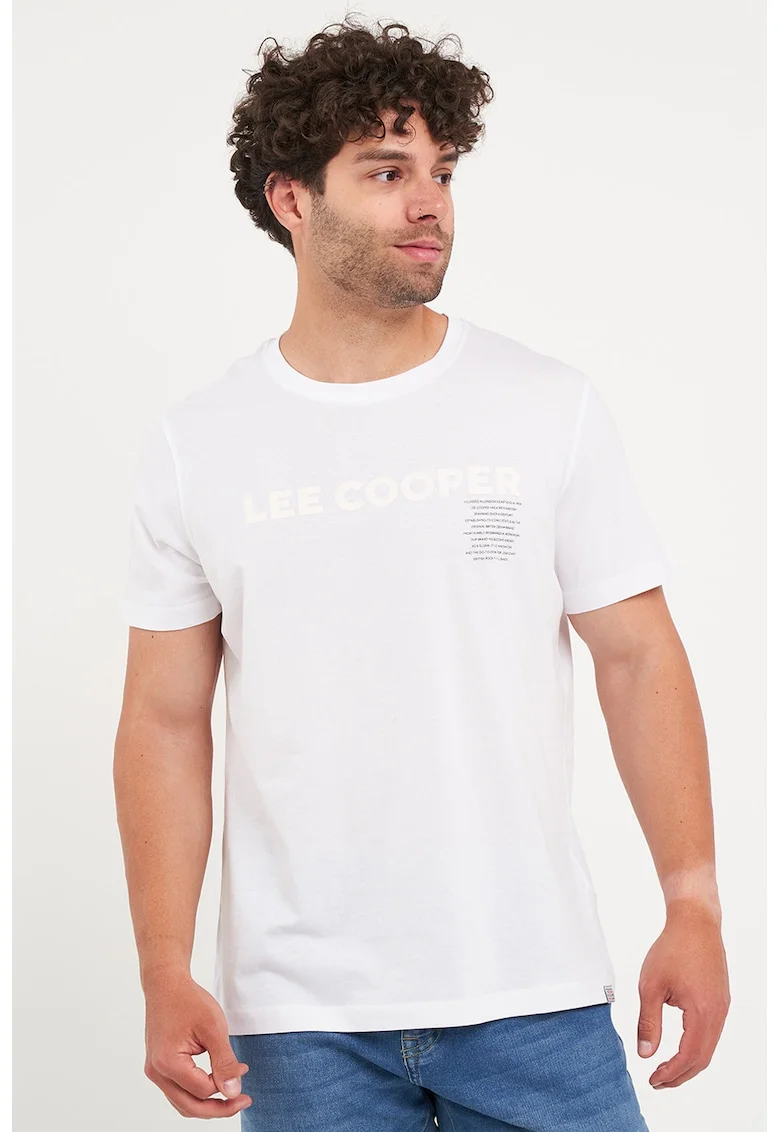 Tricou cu decolteu rotund si logo, Alb optic