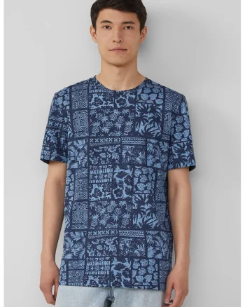 Tricou cu decolteu la baza gatului si model, Albastru inchis/Albastru deschis