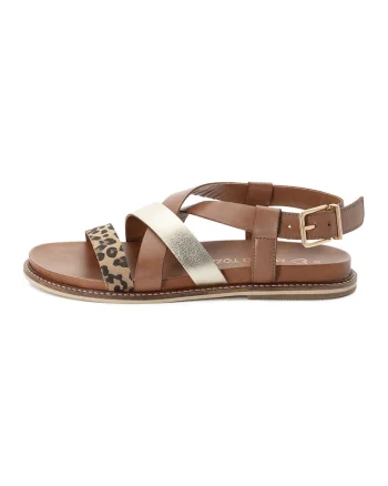 Sandale flatform din piele si piele ecologica, Negru/Maro/Argintiu