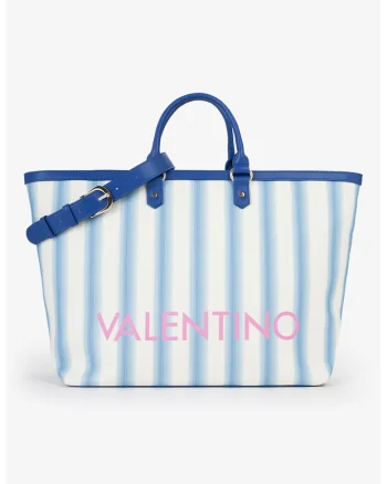 Geanta shopper din piele ecologica cu model floral, Alb/Albastru deschis