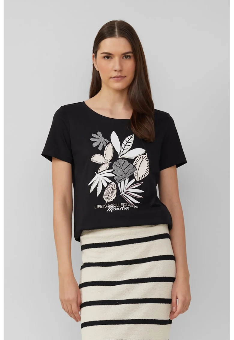 Tricou cu decolteu rotund si imprimeu grafic, Negru