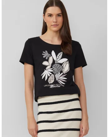 Tricou cu decolteu rotund si imprimeu grafic, Negru