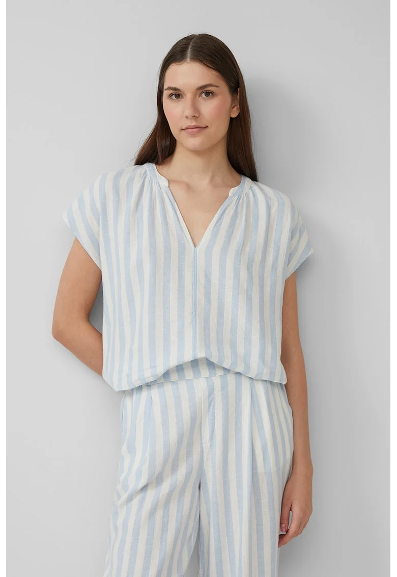 Bluza-tunica din amestec de in, Albastru glaciar/Alb murdar