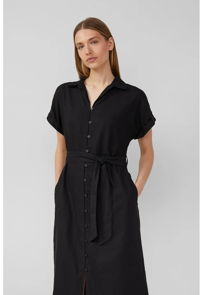 Rochie-camasa midi din amestec de in, Negru