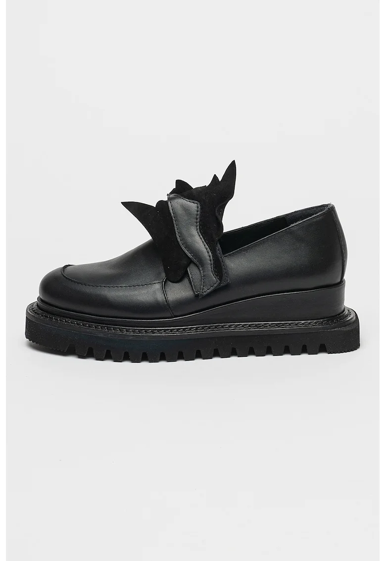 Pantofi loafer din piele cu talpa wedge si detalii din piele intoarsa, Negru