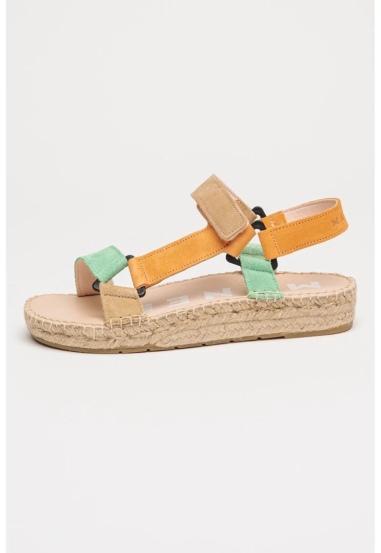 Sandale din piele intoarsa cu inchidere velcro Venice, Verde/Portocaliu pal/Maro nisip