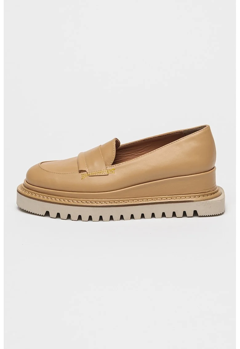 Pantofi loafer din piele cu talpa wedge, Maro nisip