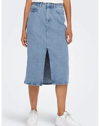 Fusta de denim cu slit frontal Bianca, Albastru melange