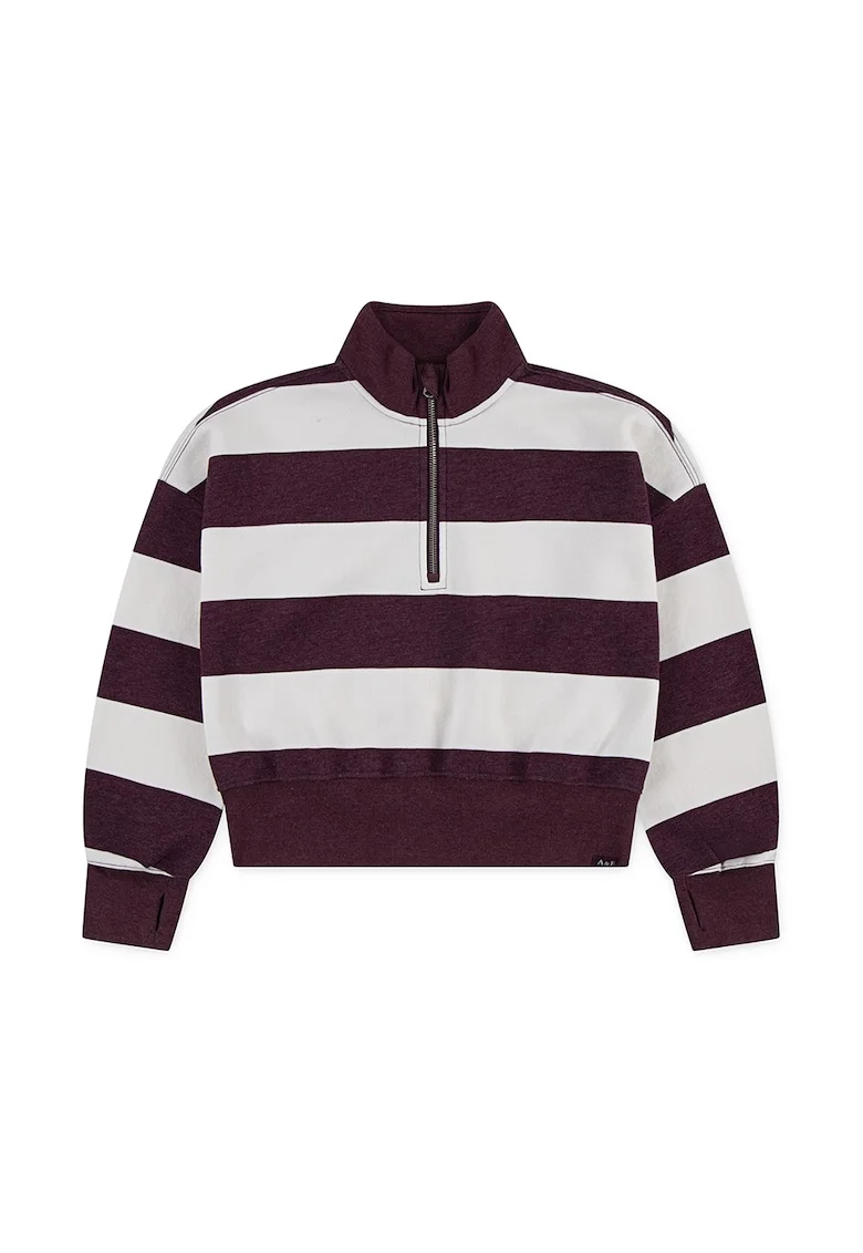 Bluza de trening in doua nuante si fenta cu fermoar, Alb fildes/Violet pruna