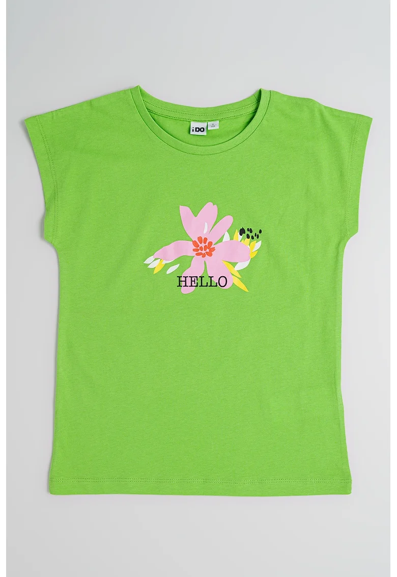 Tricou cu decolteu la baza gatului si model floral, Roz/Verde lime
