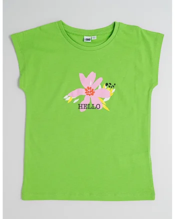 Tricou cu decolteu la baza gatului si model floral, Roz/Verde lime