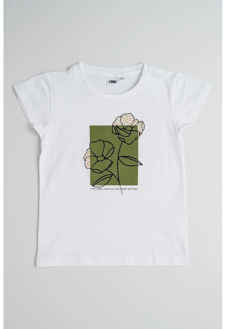 Tricou cu decolteu la baza gatului si imprimeu, Alb/Kaki