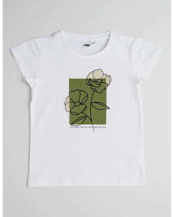 Tricou cu decolteu la baza gatului si imprimeu, Alb/Kaki
