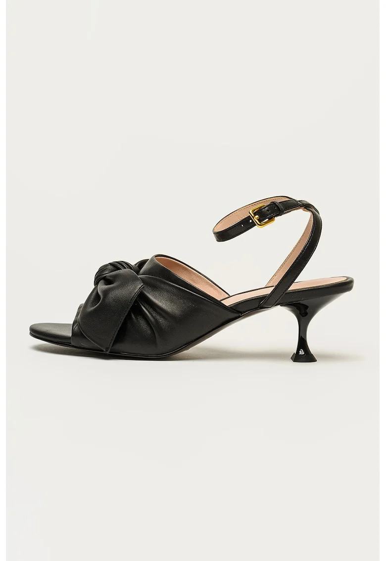 Sandale din piele cu model cu funda si toc kitten, Negru
