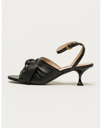 Sandale din piele cu model cu funda si toc kitten, Negru