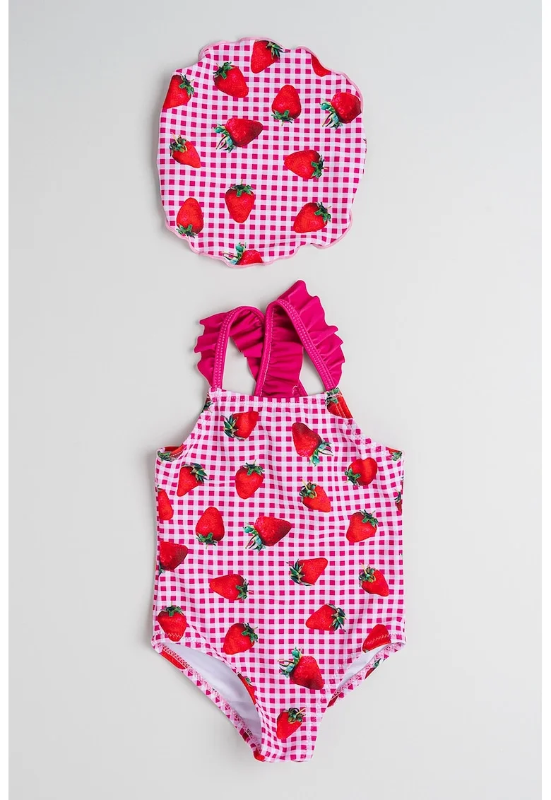 Set de costum de baie intreg cu model si bandana - 2 piese, Rosu/Alb/Fucsia