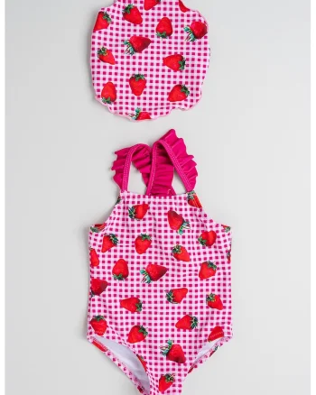 Set de costum de baie intreg cu model si bandana - 2 piese, Rosu/Alb/Fucsia
