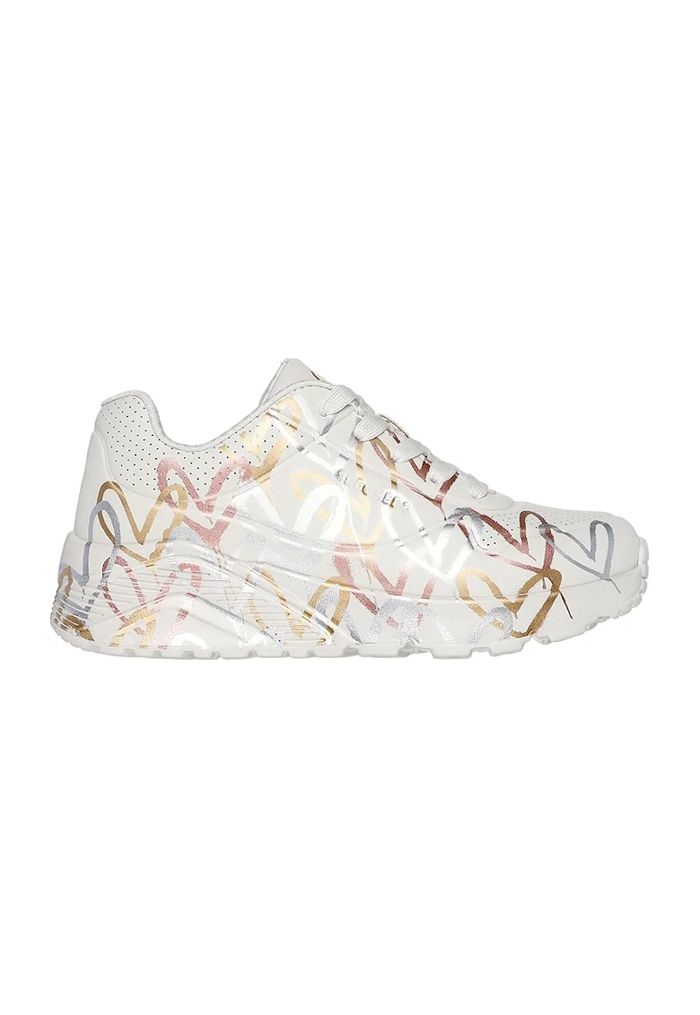 Pantofi sport de piele ecologica cu imprimeu cu inimi Street, Alb/Auriu/Argintiu