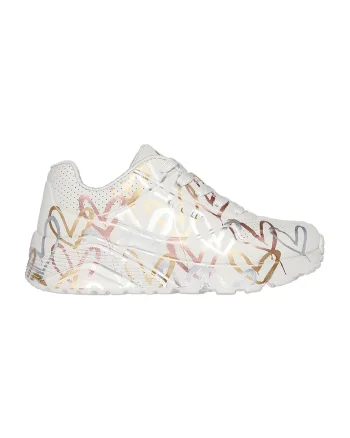 Pantofi sport de piele ecologica cu imprimeu cu inimi Street, Alb/Auriu/Argintiu