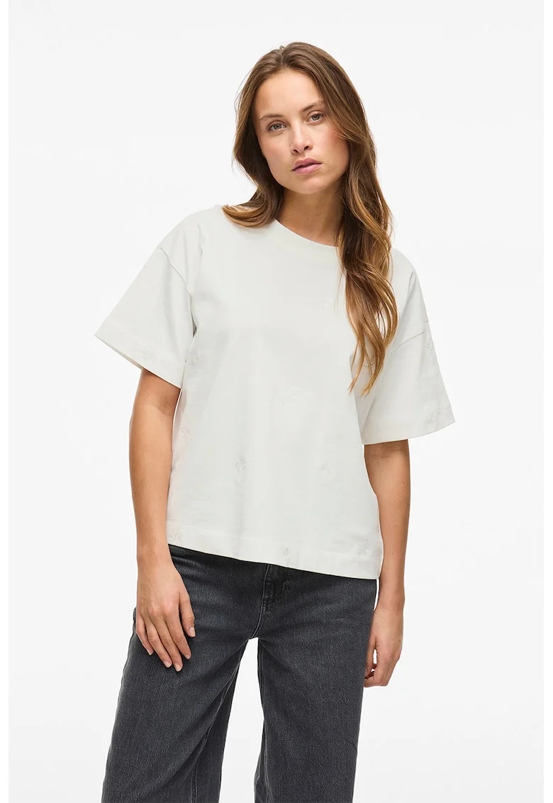 Tricou cu decolteu rotund si flori brodate, Alb optic