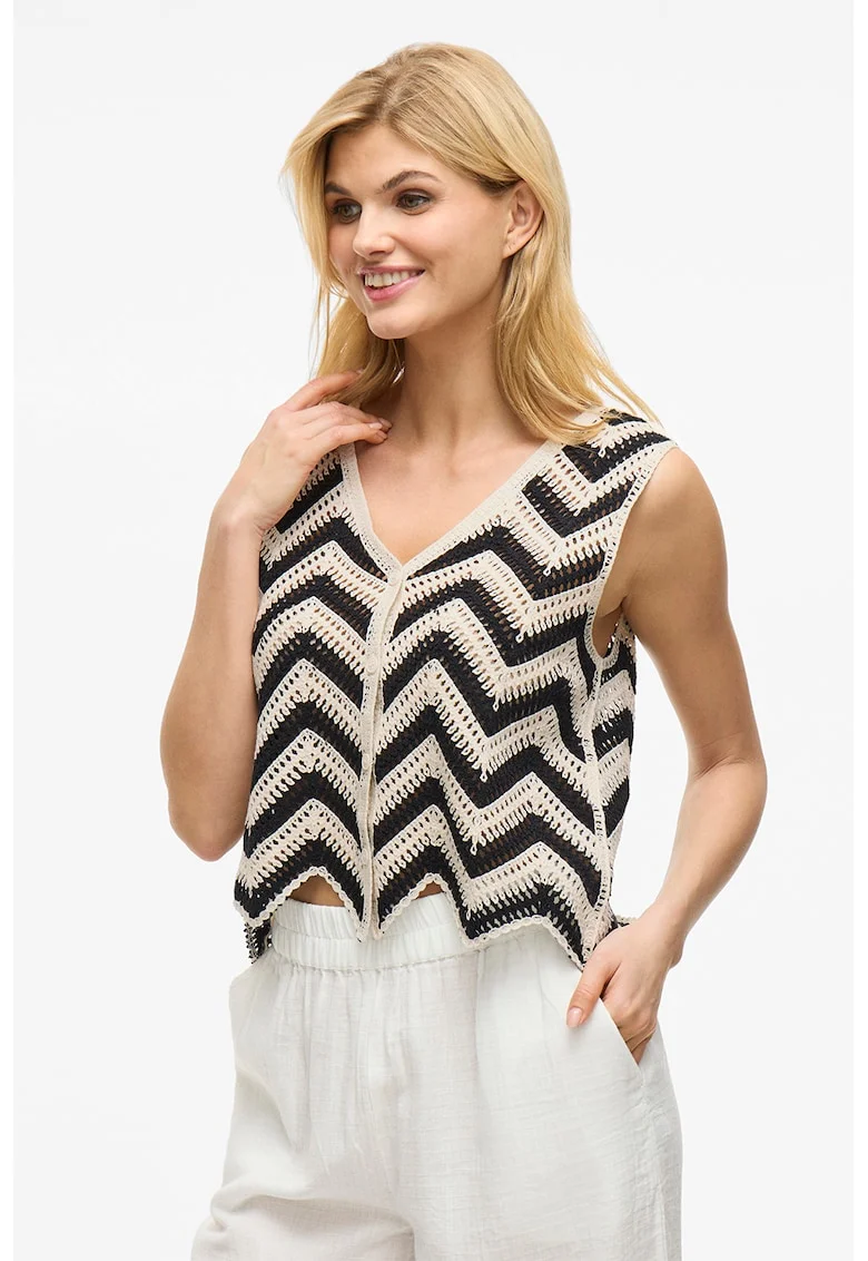 Bluza cu decolteu in V si decupaje, Negru/Bej deschis