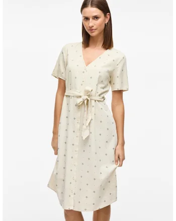 Rochie midi cu model si cordon in talie, Alb fildes