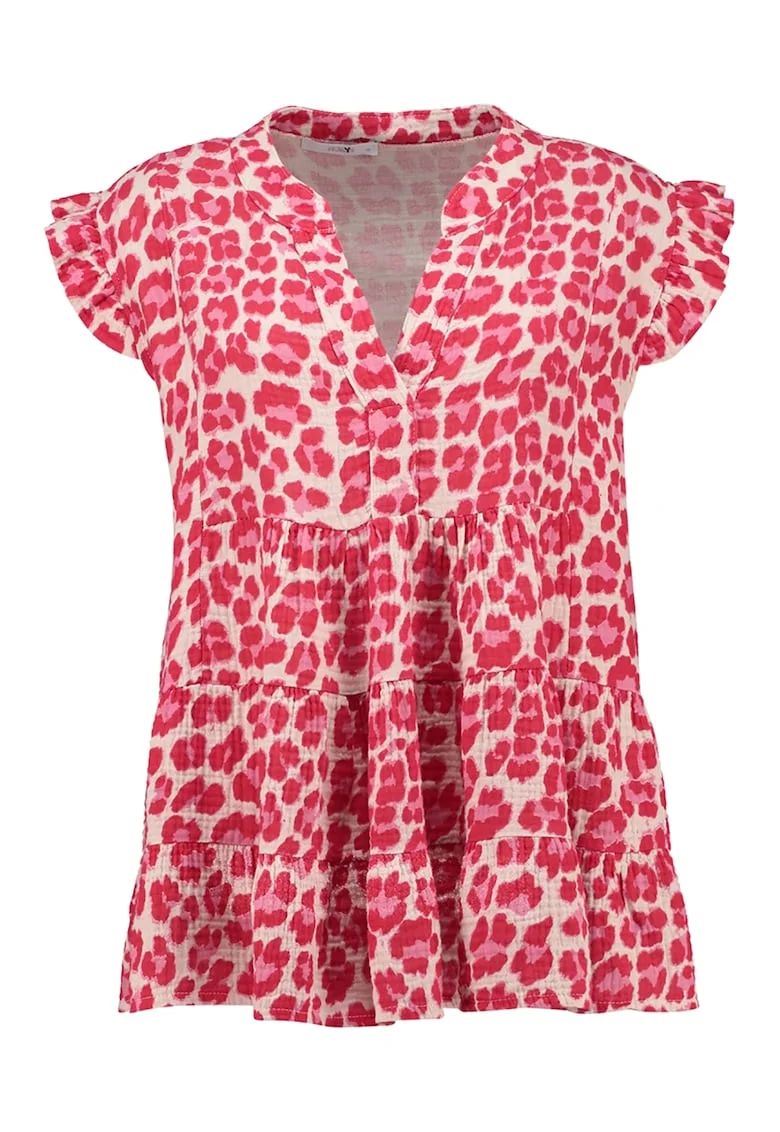 Bluza cu imprimeu si terminatie cu volane, Fucsia/Crem