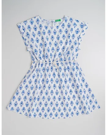 Rochie evazata cu imprimeu, Alb/Bleumarin