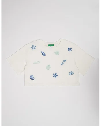 Tricou crop din bumbac, Alb/Albastru