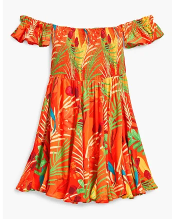 Rochie cu decolteu pe umeri si imprimeu, Verde/Portocaliu mandarina/Albastru