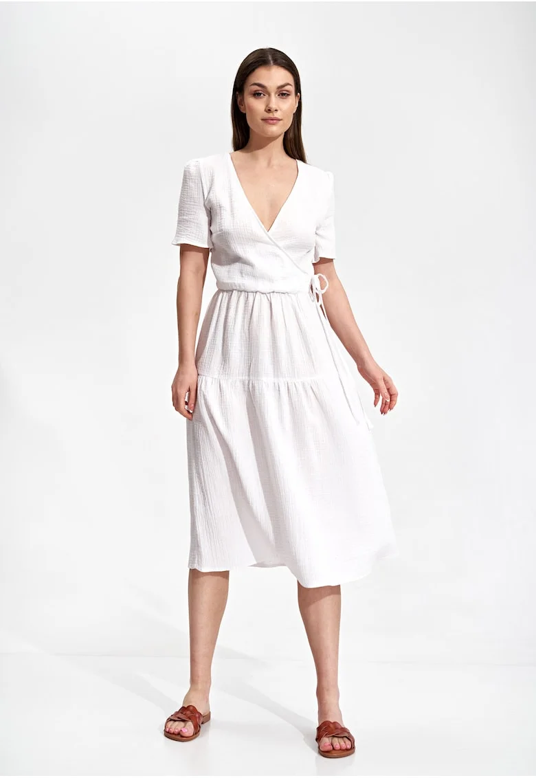 Rochie midi  bumbac 100%, alb, design minimalist, maneci scurte