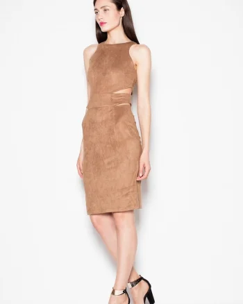 Rochie de seara  maro, imitatie piele de caprioara, decupaje talie, elastan 5%