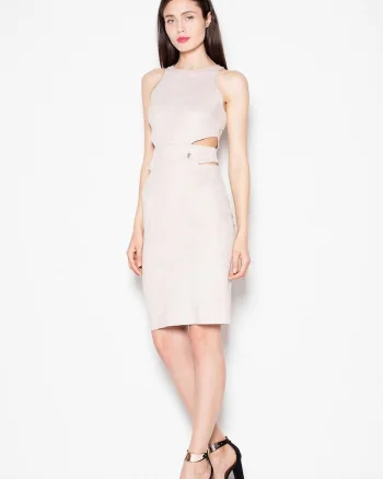 Rochie de seara,  decupaje talie, piele de caprioara, bej