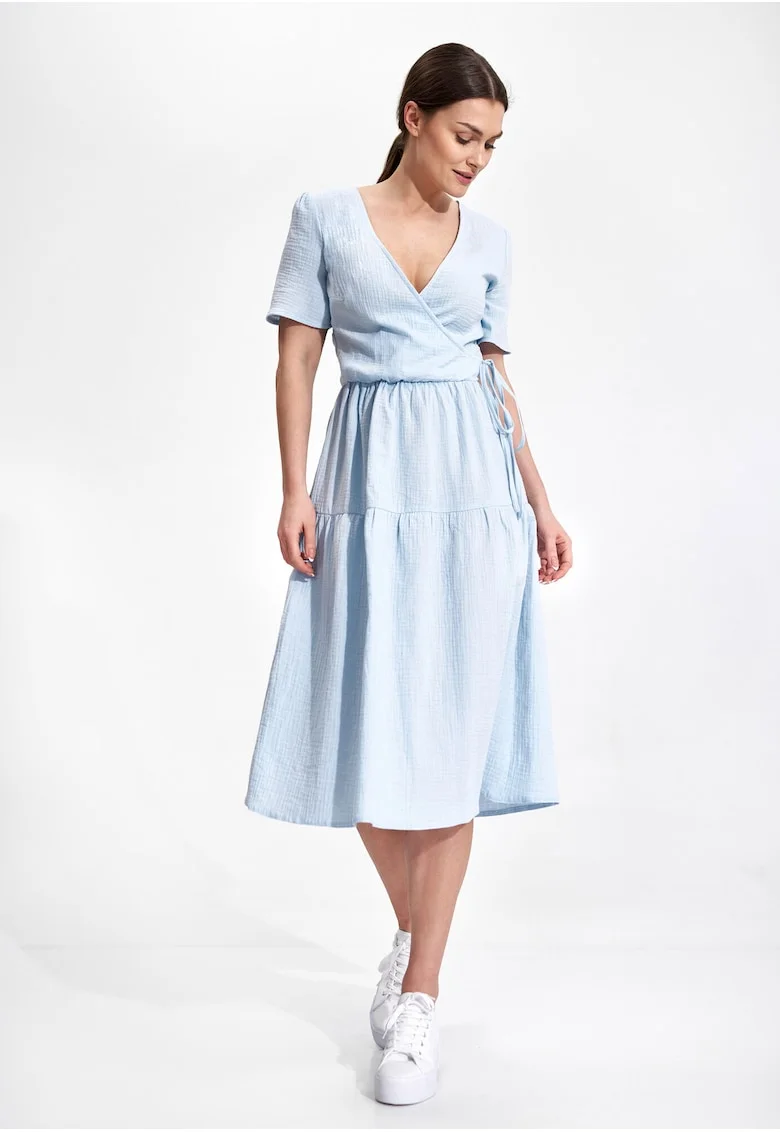 Rochie midi  M872, bumbac 100%, albastru deschis, croiala confortabila