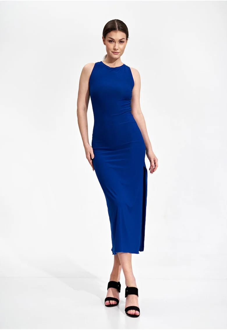 Rochie midi  albastra, fara maneci, poliester, design creion