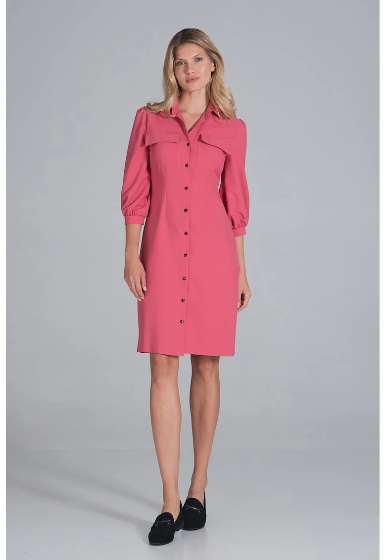 Rochie camasa  maneci bufante 3/4, culoare coral, poliester