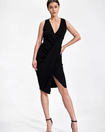 Rochie de seara asimetrica  M858, cu volane, neagra, poliester-elastan