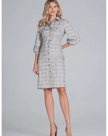 Rochie camasa  M849, carouri, poliester, gri